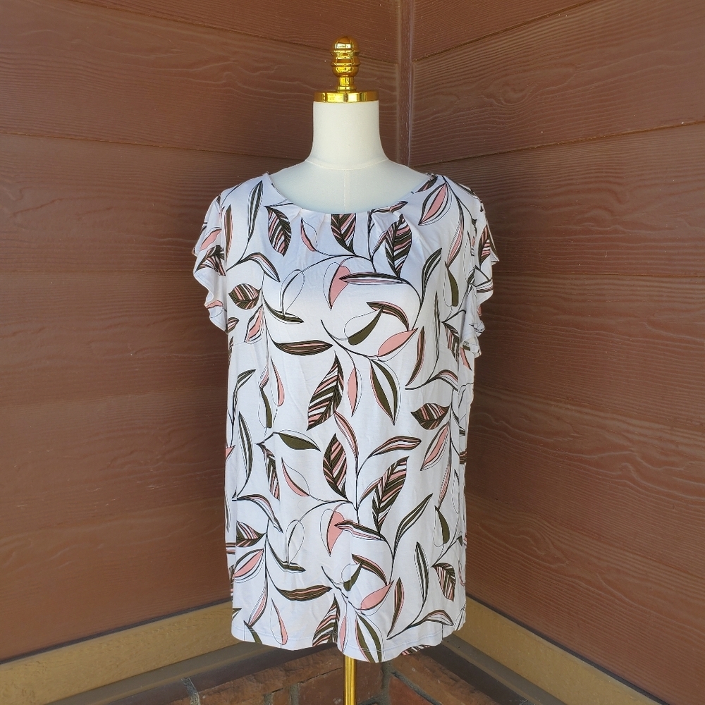 Liz Claiborne White, Pink & Black Leaf Pattern Floral Women's Blouse Size XL